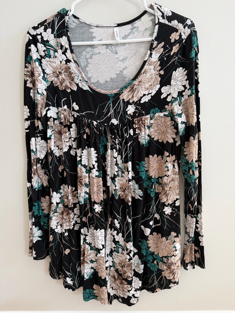 Cathy Floral Long Sleeve Babydoll Blouse – Black Green Beige L